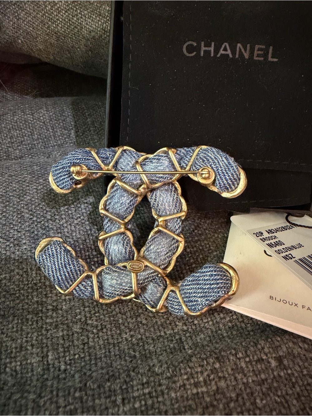 CHANEL Blue Denim CC Logo Brooch with Gold-Tone Trim